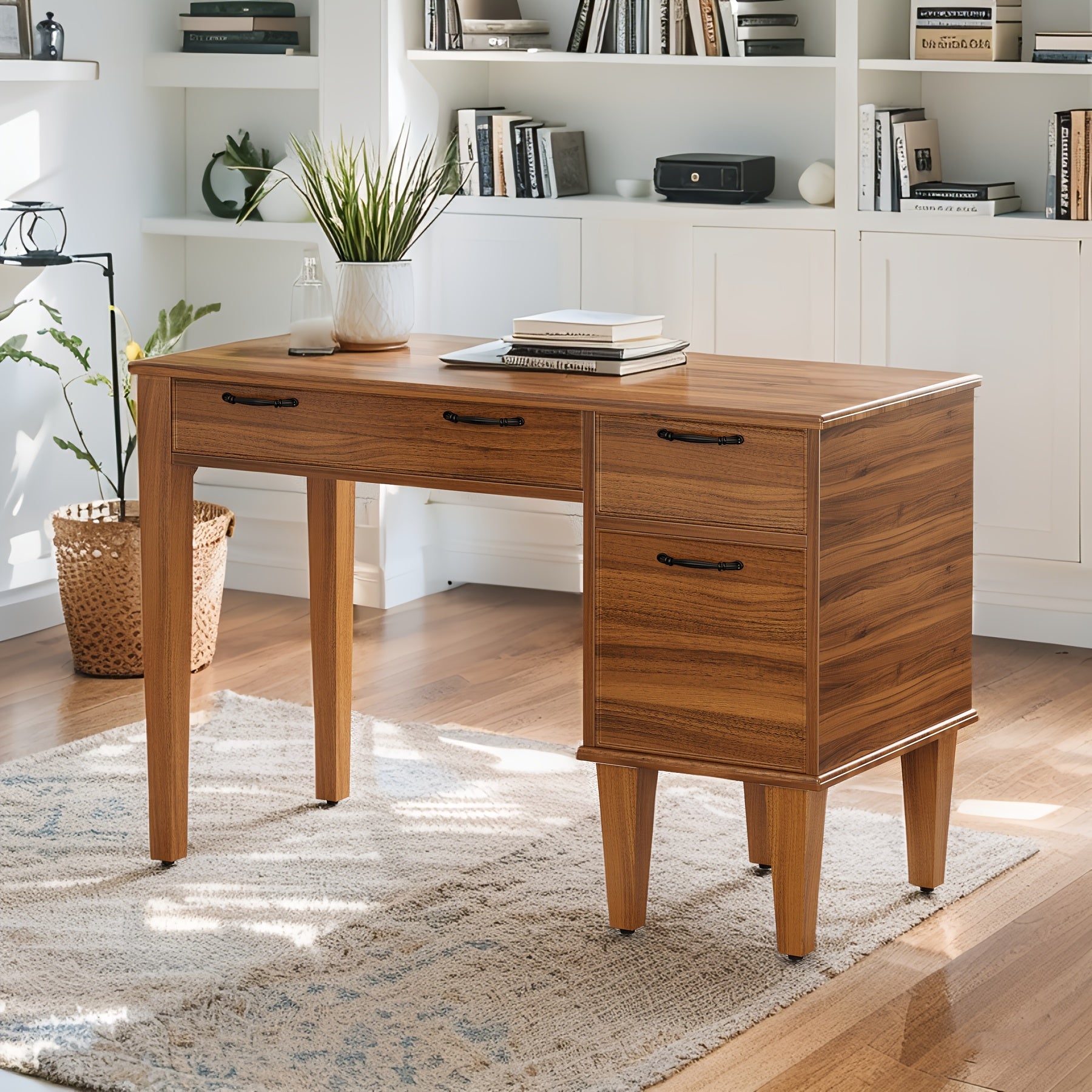 47.2 Inch Modern Computer Desk with Drawers - Engineered Wood Home Office Desk, Brown Writing & Gaming Workstation with Spacious Surface, Ample Storage & Large Legroom, Easy Assembly, Desk Accessories Office, Wood Grain Texture