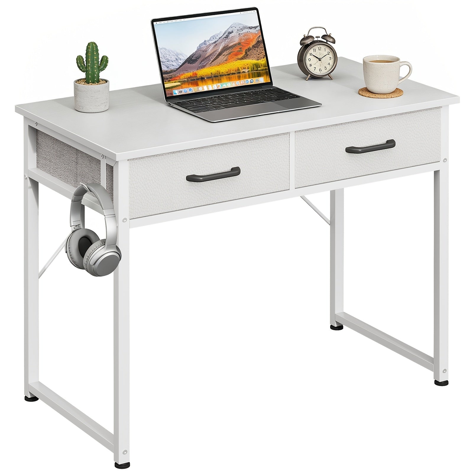Small Computer Desk & Vanity Table with 2 Drawers & Headphone Hook - Compact Writing Desk for Home Office, Study Or Work, Modern Space-Saving Design for Small Spaces