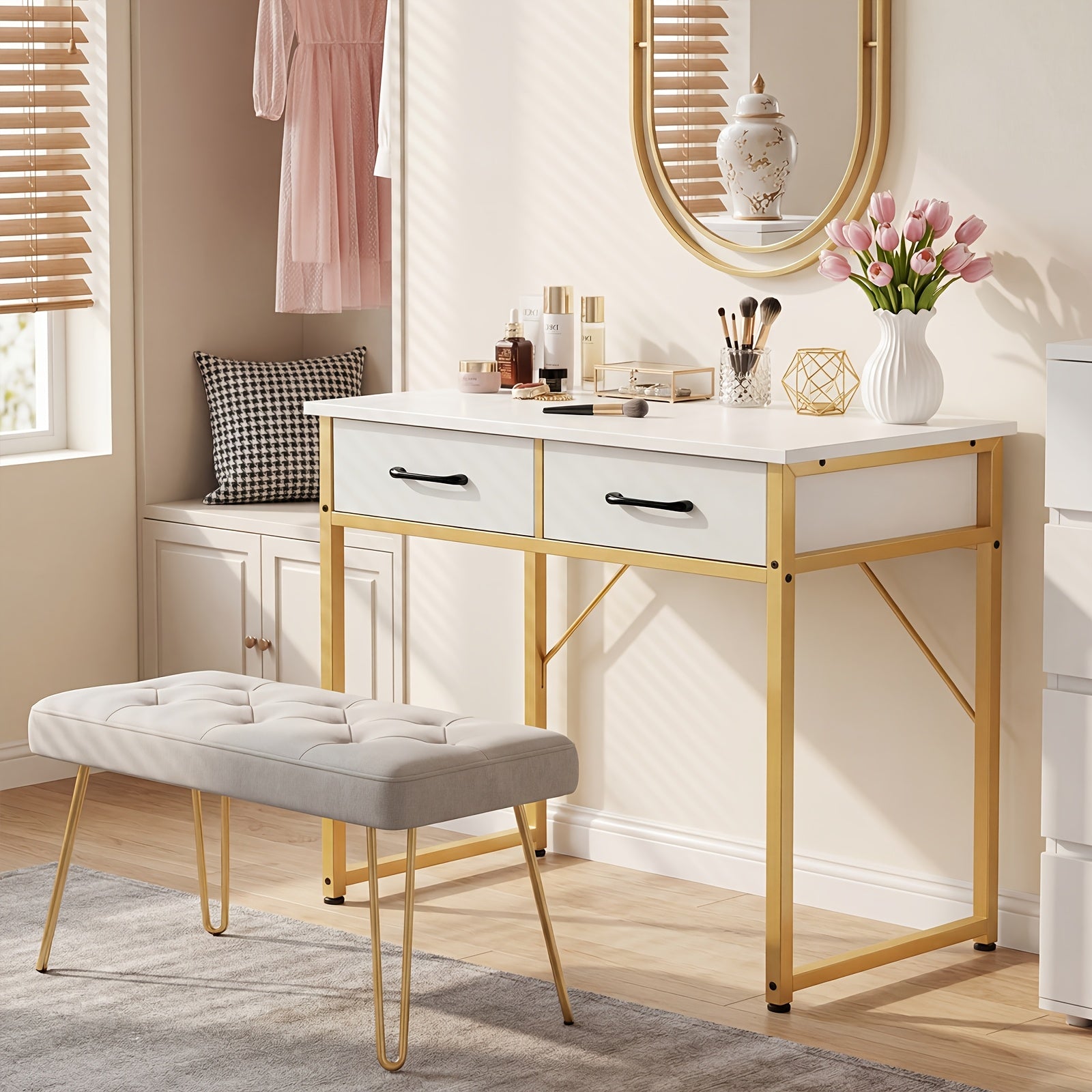 Small Computer Desk & Vanity Table with 2 Drawers & Headphone Hook - Compact Writing Desk for Home Office, Study Or Work, Modern Space-Saving Design for Small Spaces