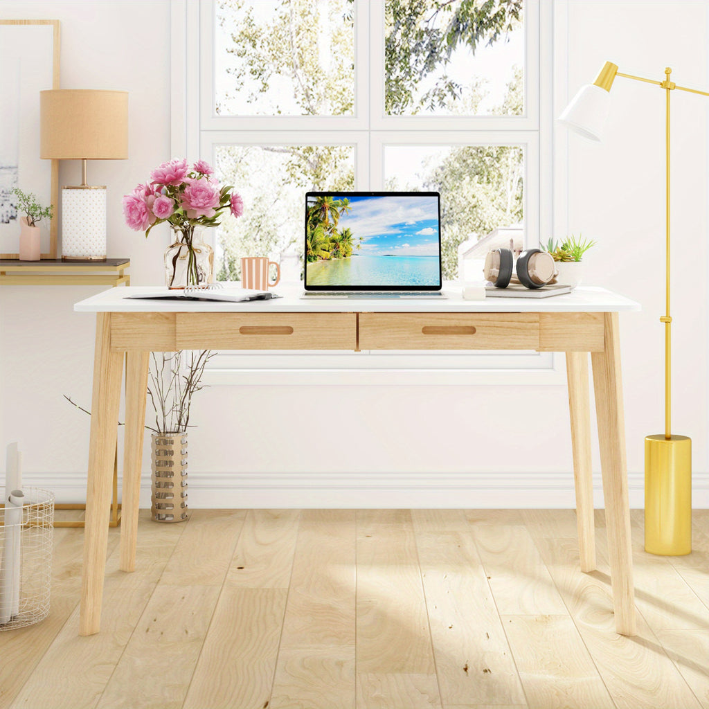 Modern Office Desk Computer Desk Writing Wood Desk Study Work Desk, with 2 Drawer, Suitable for Study or Office, Equipped with Two Drawers and Four Legs, Designed with Simplicity