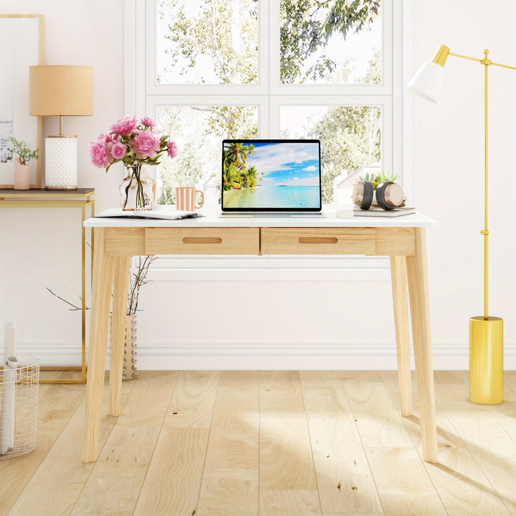 Modern Office Desk Computer Desk Writing Wood Desk Study Work Desk, with 2 Drawer, Suitable for Study or Office, Equipped with Two Drawers and Four Legs, Designed with Simplicity