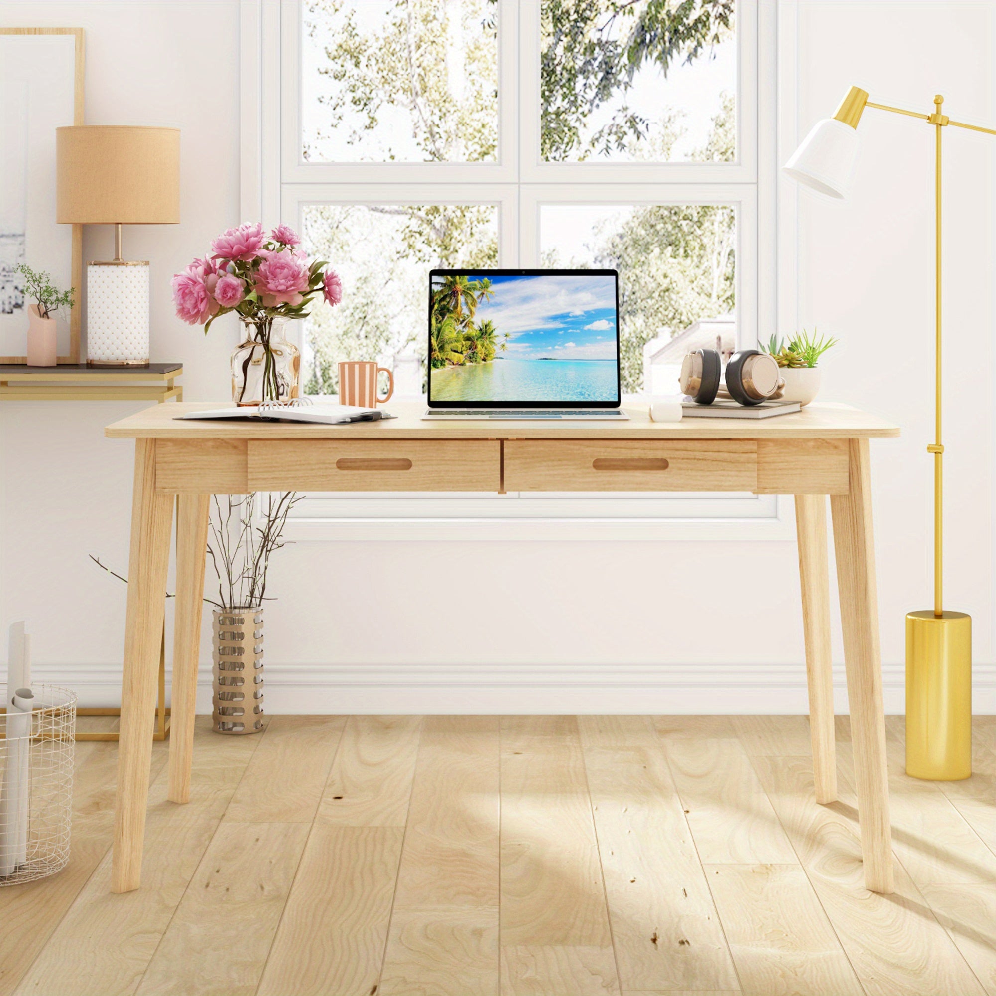Modern Office Desk Computer Desk Writing Wood Desk Study Work Desk, with 2 Drawer, Suitable for Study or Office, Equipped with Two Drawers and Four Legs, Designed with Simplicity