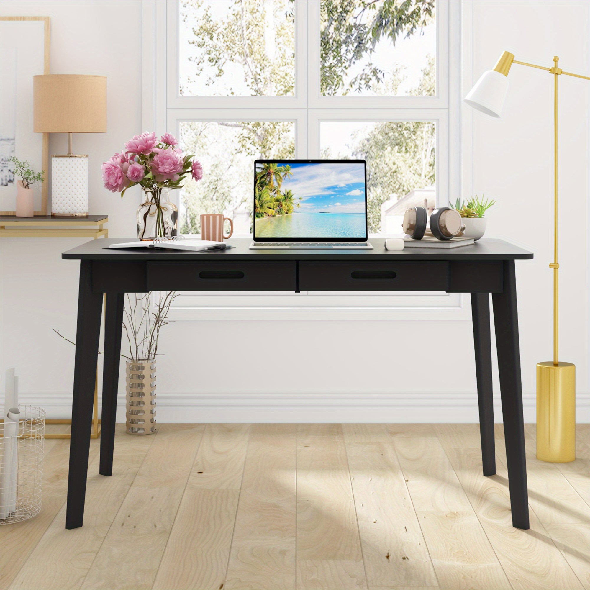 Modern Office Desk Computer Desk Writing Wood Desk Study Work Desk, with 2 Drawer, Suitable for Study or Office, Equipped with Two Drawers and Four Legs, Designed with Simplicity