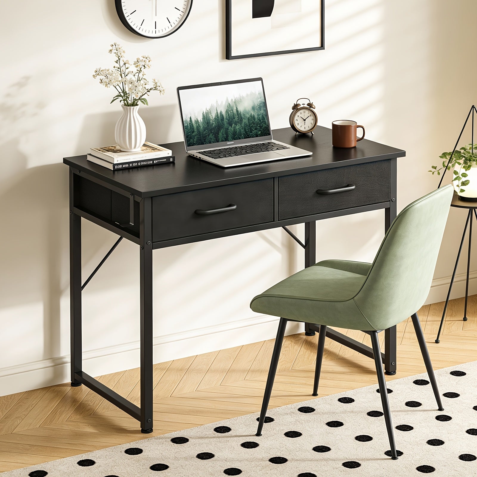Small Computer Desk & Vanity Table with 2 Drawers & Headphone Hook - Compact Writing Desk for Home Office, Study Or Work, Modern Space-Saving Design for Small Spaces