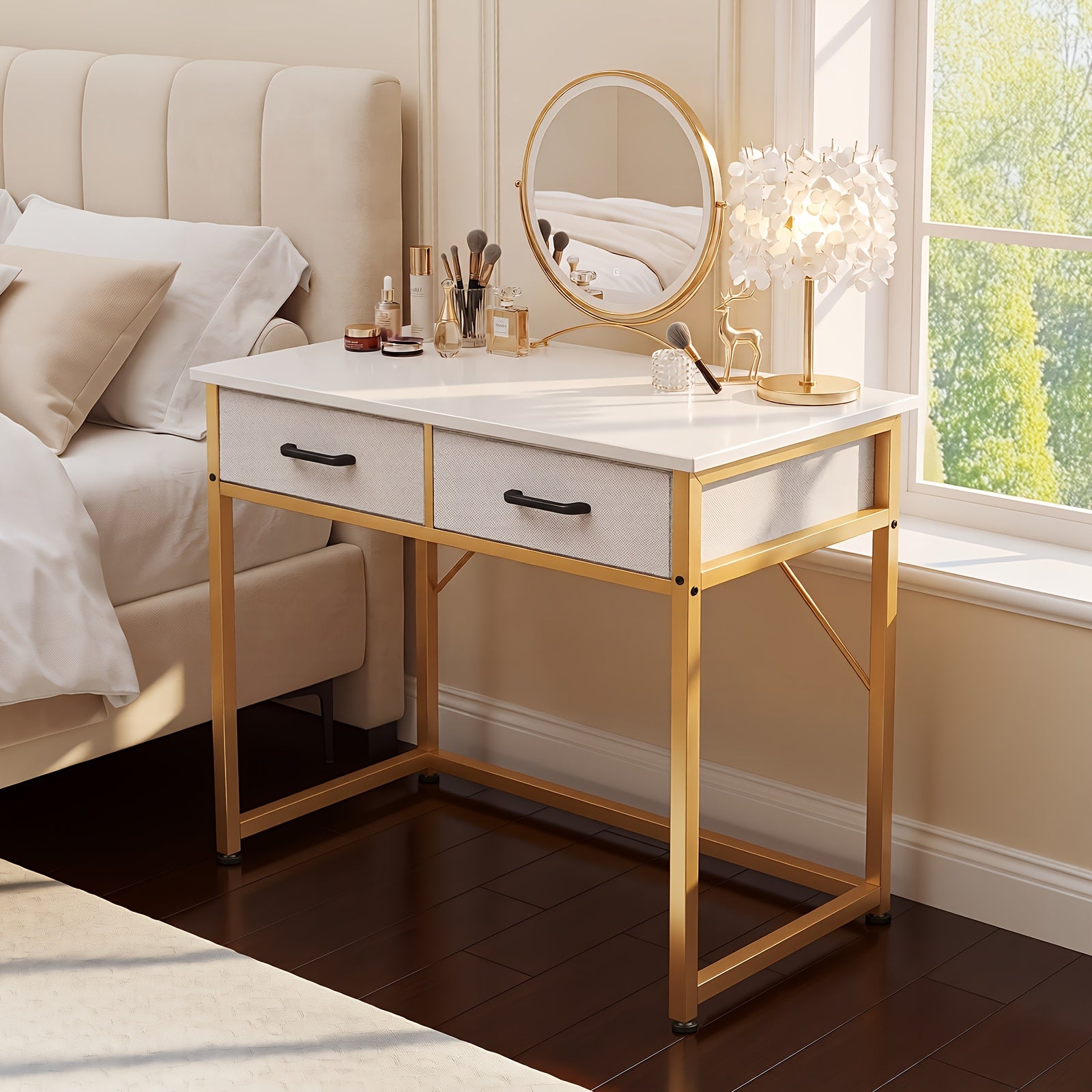 Small Computer Desk & Vanity Table with 2 Drawers & Headphone Hook - Compact Writing Desk for Home Office, Study Or Work, Modern Space-Saving Design for Small Spaces