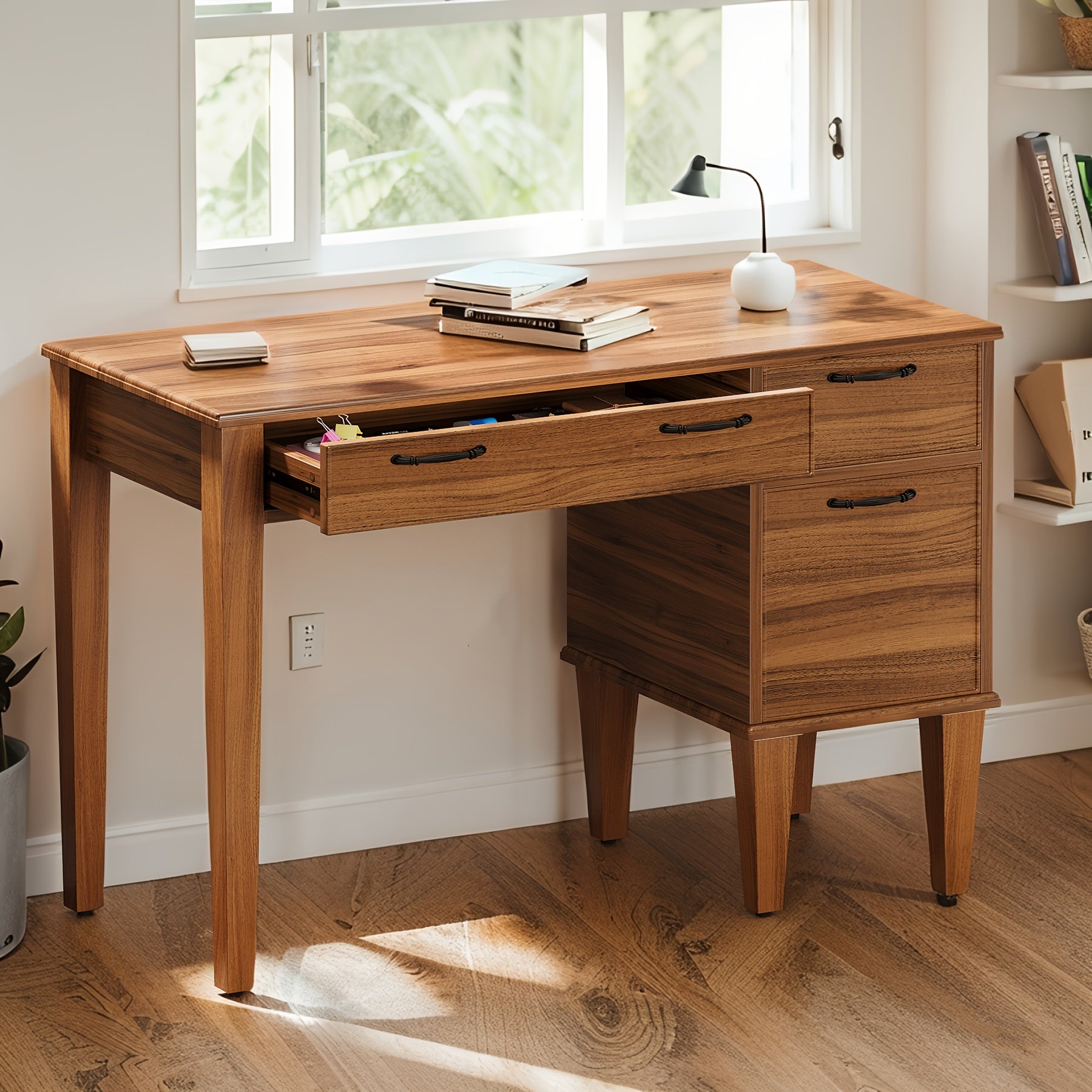 47.2 Inch Modern Computer Desk with Drawers - Engineered Wood Home Office Desk, Brown Writing & Gaming Workstation with Spacious Surface, Ample Storage & Large Legroom, Easy Assembly, Desk Accessories Office, Wood Grain Texture