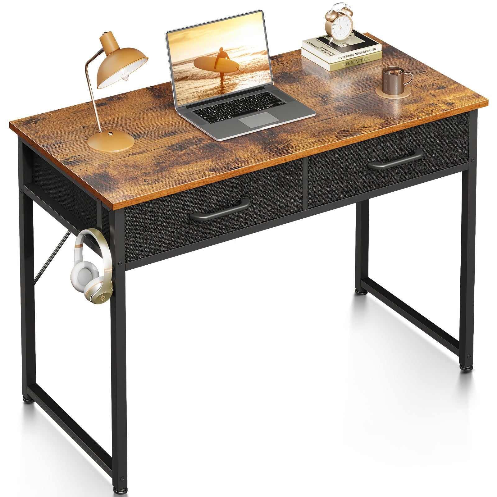 Small Computer Desk & Vanity Table with 2 Drawers & Headphone Hook - Compact Writing Desk for Home Office, Study Or Work, Modern Space-Saving Design for Small Spaces