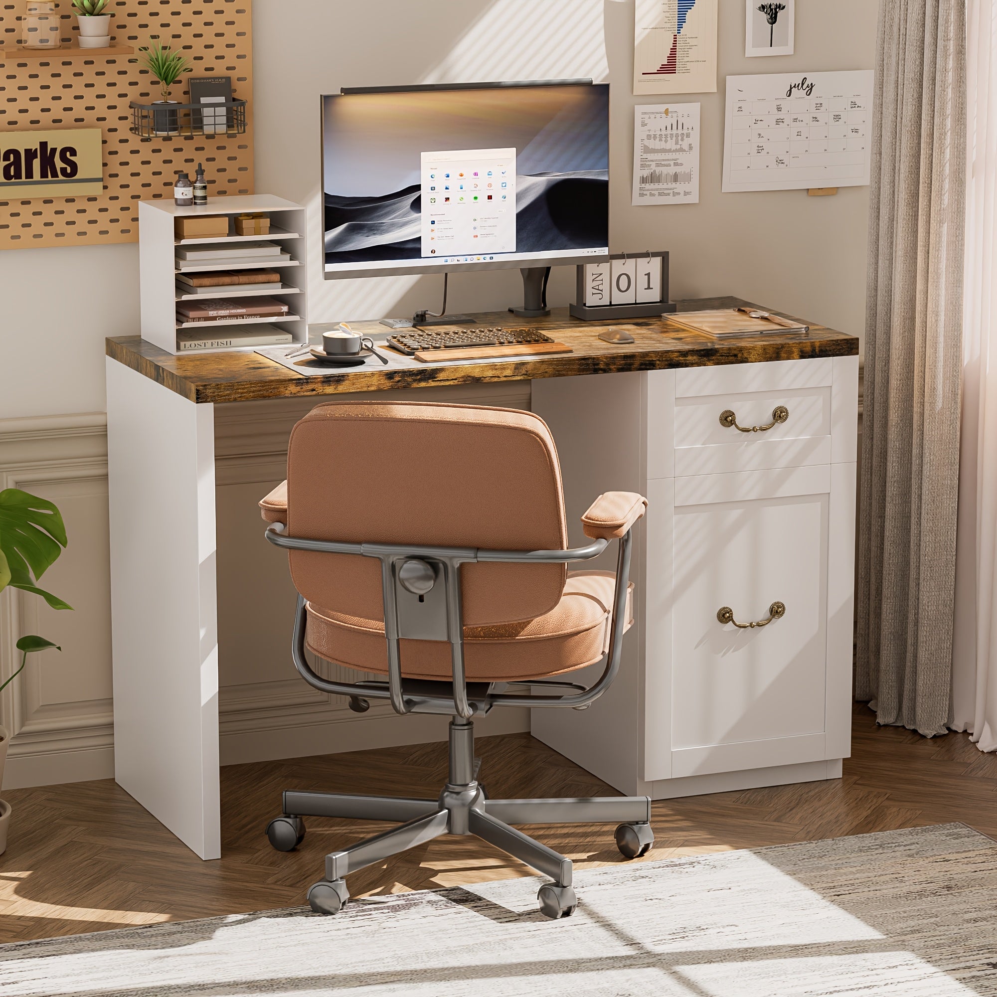 Computer Desk With Drawer And Cabinet | Home Office Desk With Storage, Modern Easy Laptop Desk Study Writing Table For Work, Small Spaces, Engineered Wood, P.H.Furn