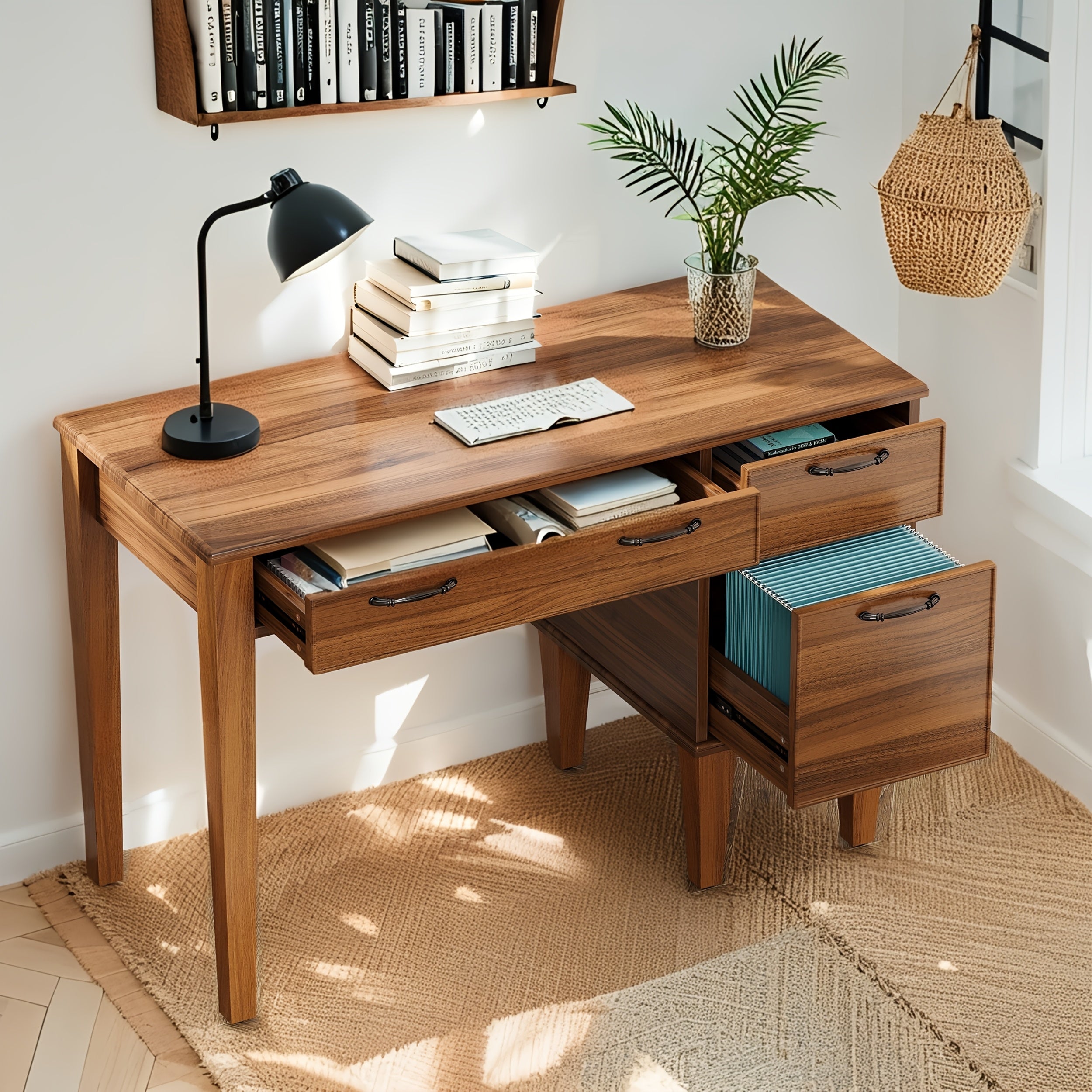 47.2 Inch Modern Computer Desk with Drawers - Engineered Wood Home Office Desk, Brown Writing & Gaming Workstation with Spacious Surface, Ample Storage & Large Legroom, Easy Assembly, Desk Accessories Office, Wood Grain Texture