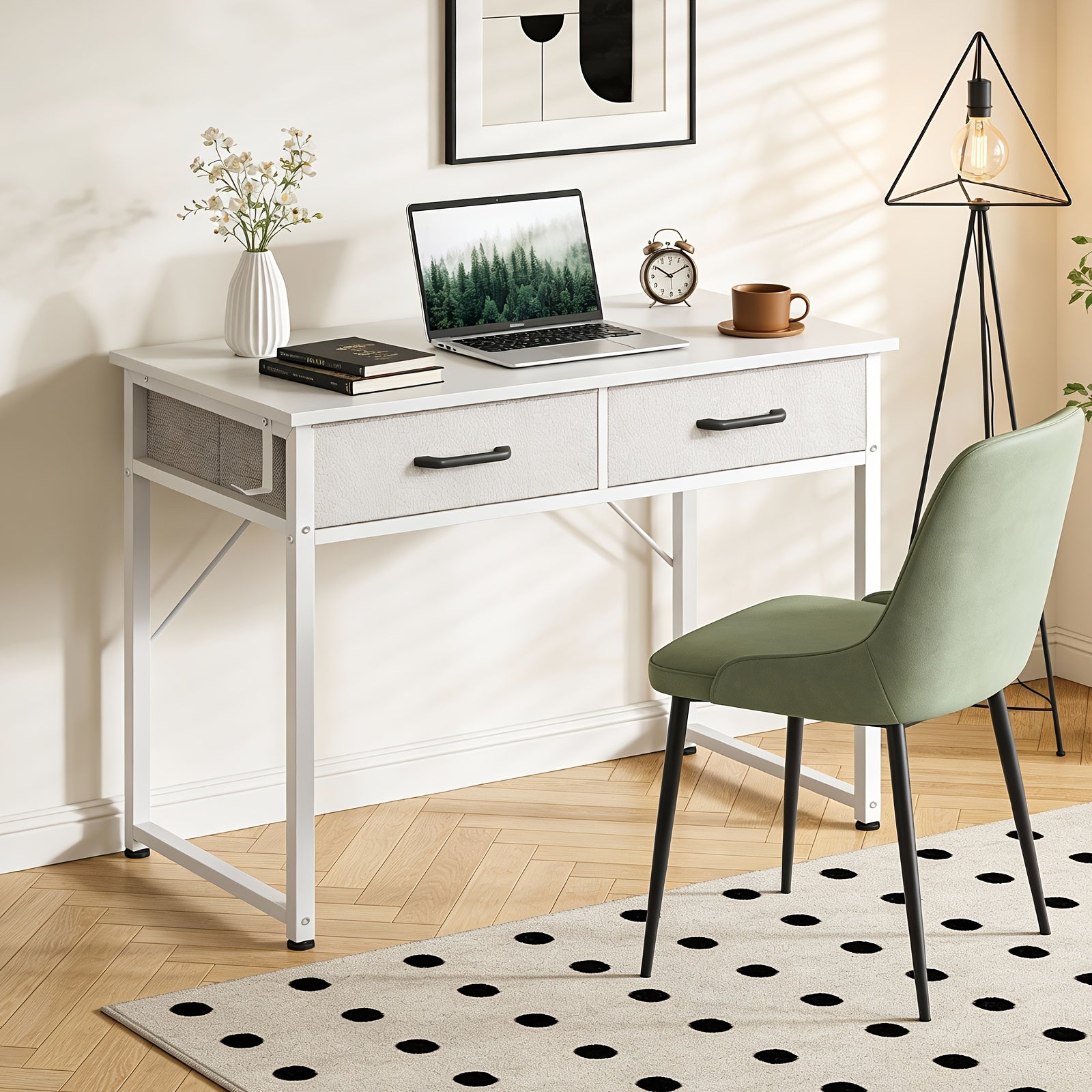 Small Computer Desk & Vanity Table with 2 Drawers & Headphone Hook - Compact Writing Desk for Home Office, Study Or Work, Modern Space-Saving Design for Small Spaces
