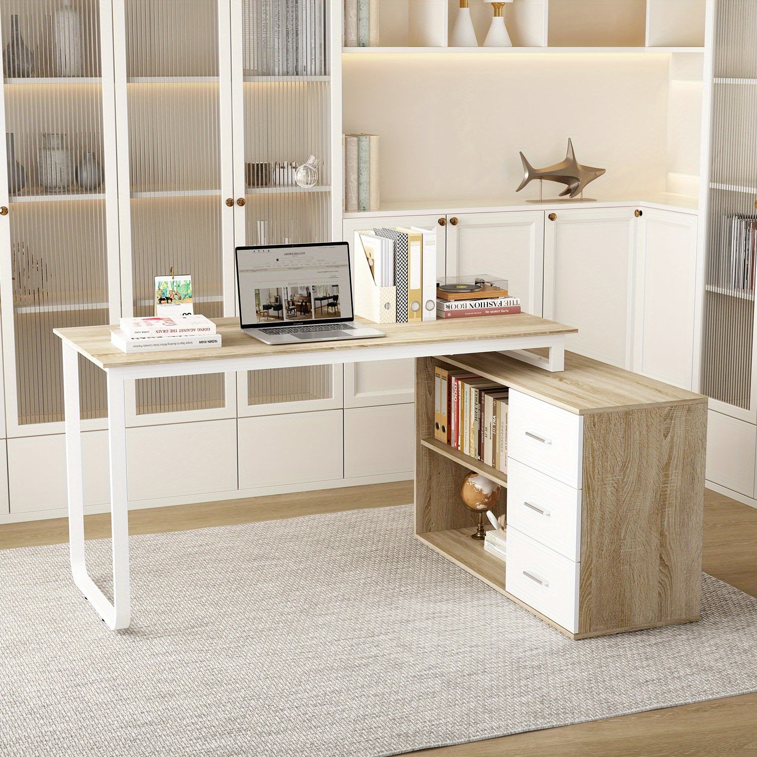 Modern L-Shaped Desk for Office Use Featuring Three Drawers And an Open Storage Shelf, with a Flexible Design Suitable for Both Computer And Administrative Tasks