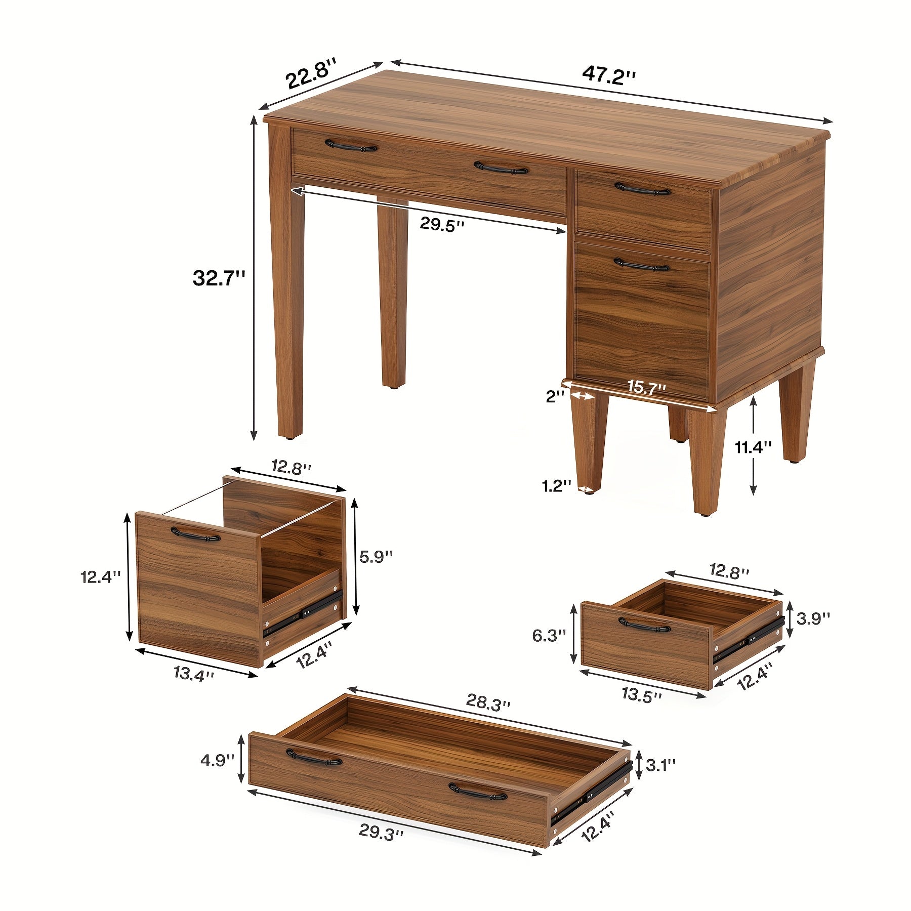 47.2 Inch Modern Computer Desk with Drawers - Engineered Wood Home Office Desk, Brown Writing & Gaming Workstation with Spacious Surface, Ample Storage & Large Legroom, Easy Assembly, Desk Accessories Office, Wood Grain Texture