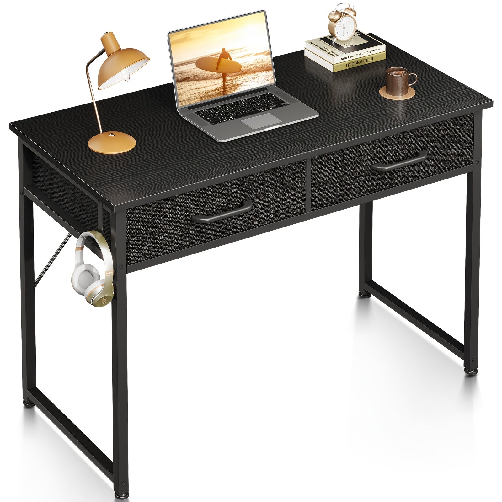 Small Computer Desk & Vanity Table with 2 Drawers & Headphone Hook - Compact Writing Desk for Home Office, Study Or Work, Modern Space-Saving Design for Small Spaces