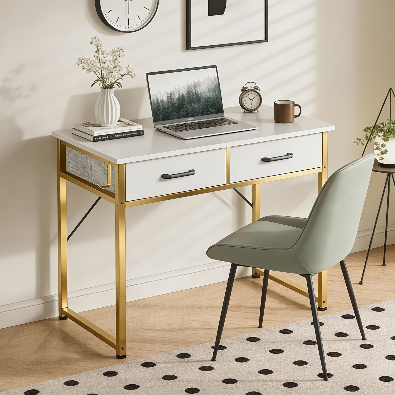 Small Computer Desk & Vanity Table with 2 Drawers & Headphone Hook - Compact Writing Desk for Home Office, Study Or Work, Modern Space-Saving Design for Small Spaces