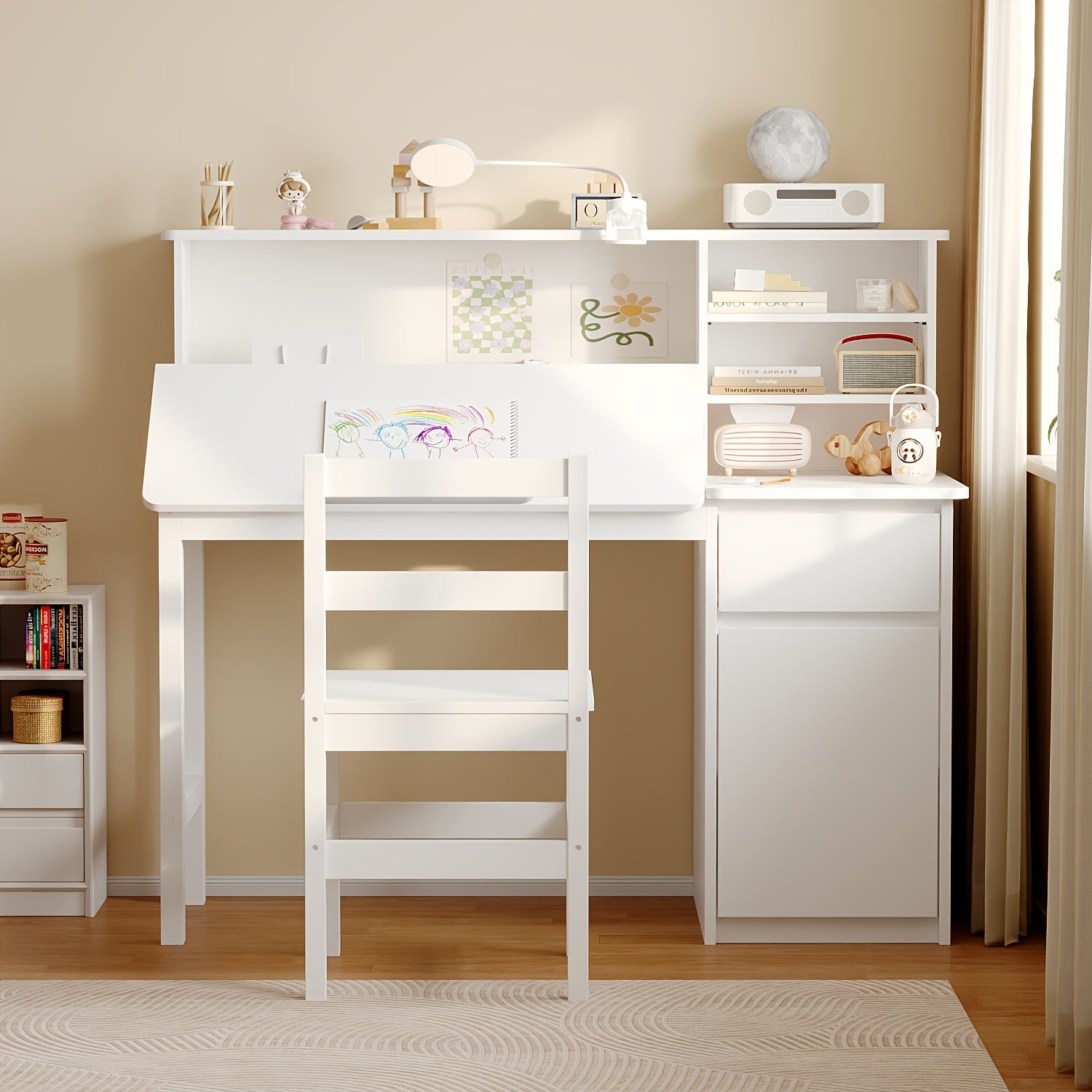 Contemporary Workstation Featuring Adjustable LED Lighting And a Flip-Top Surface, Includes a Drawer, Open Shelving, And a File Cabinet, Accompanied by a Stool, Designed with a Sleek And Minimalist Aesthetic in White