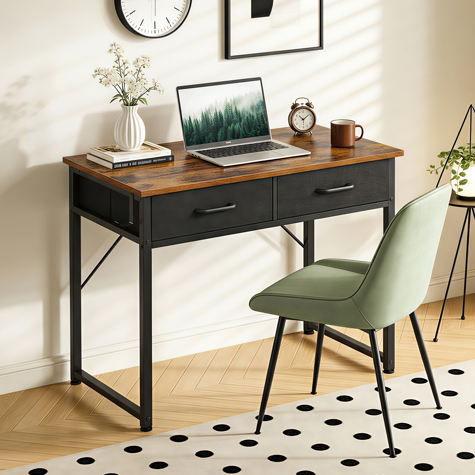 Small Computer Desk & Vanity Table with 2 Drawers & Headphone Hook - Compact Writing Desk for Home Office, Study Or Work, Modern Space-Saving Design for Small Spaces