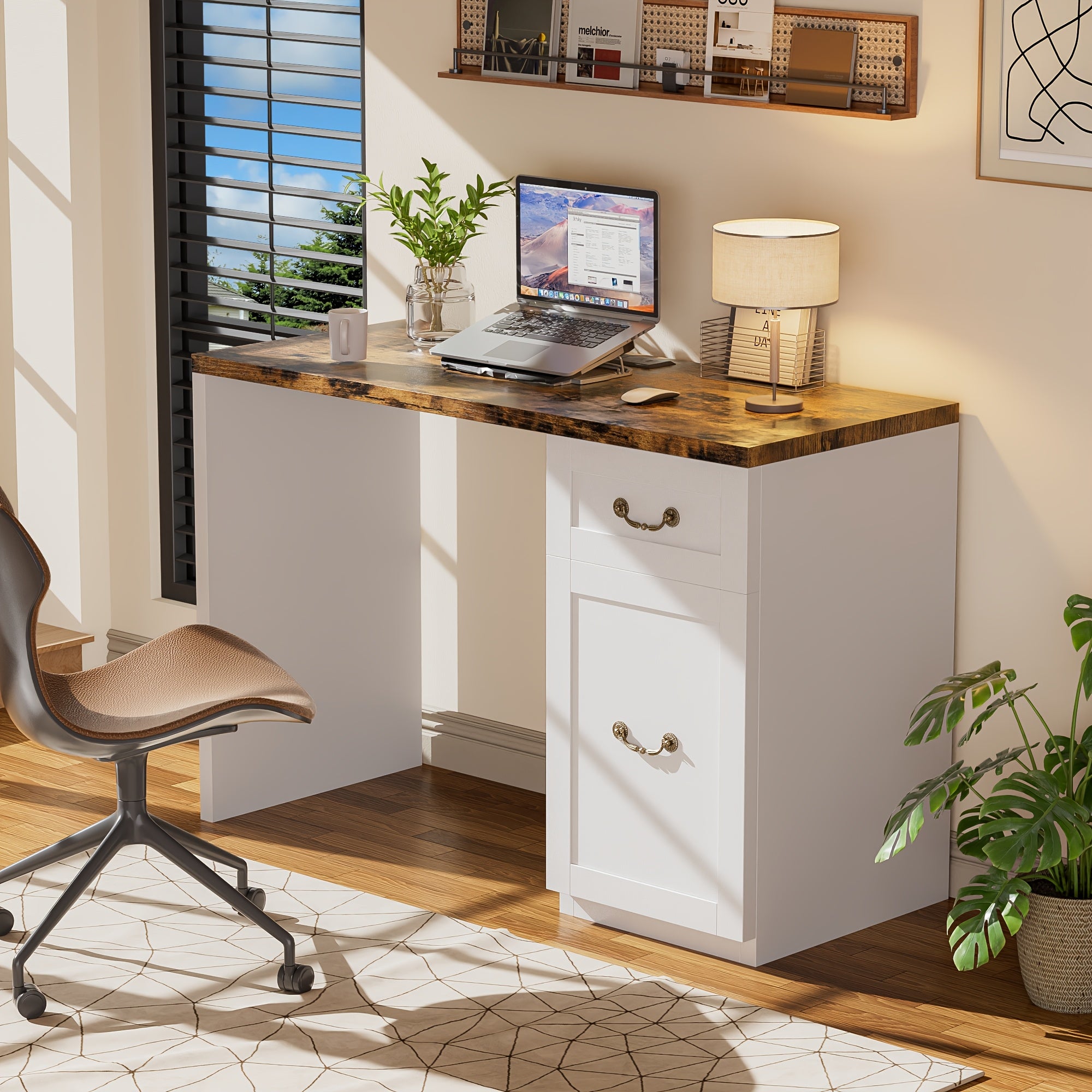 Computer Desk With Drawer And Cabinet | Home Office Desk With Storage, Modern Easy Laptop Desk Study Writing Table For Work, Small Spaces, Engineered Wood, P.H.Furn