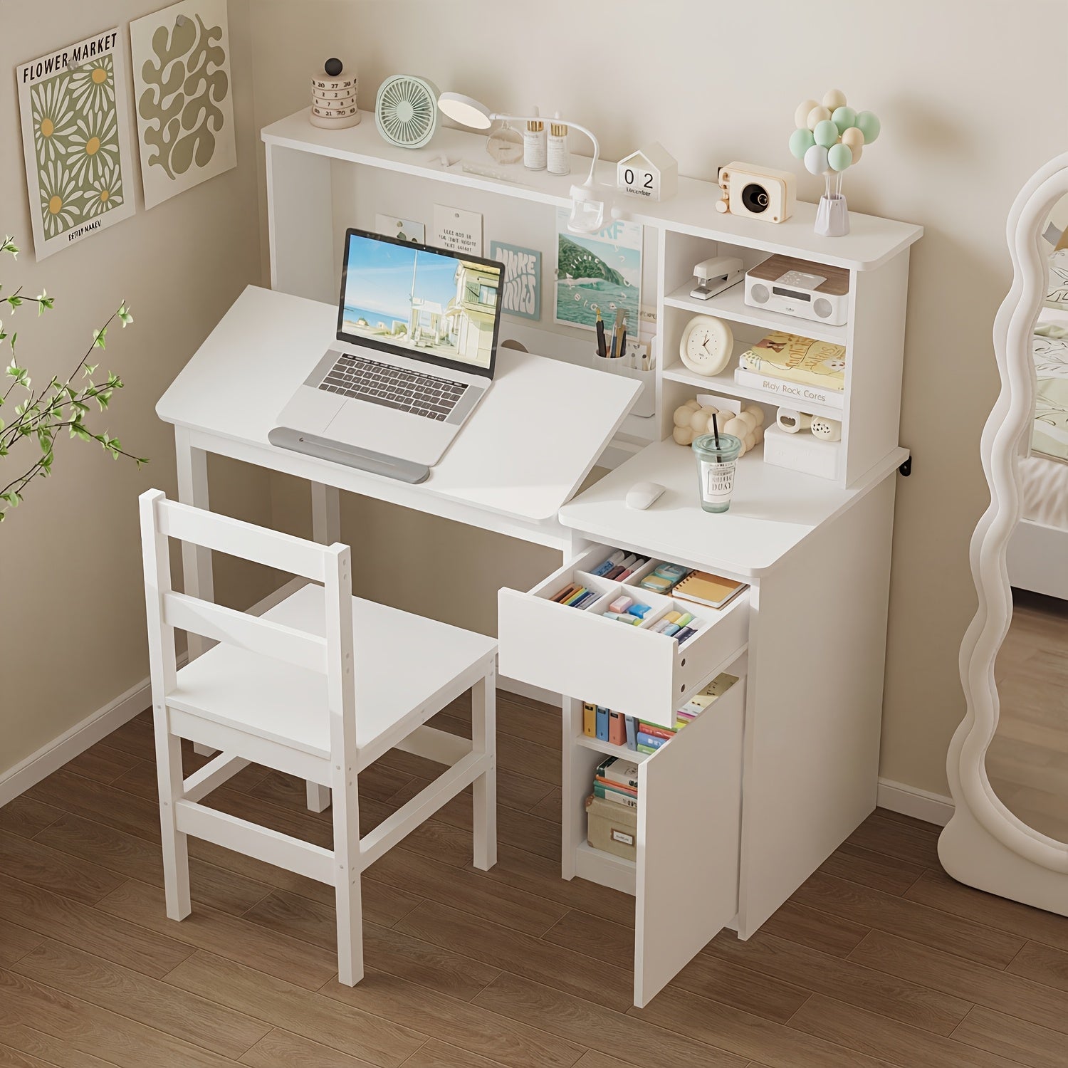 Contemporary Workstation Featuring Adjustable LED Lighting And a Flip-Top Surface, Includes a Drawer, Open Shelving, And a File Cabinet, Accompanied by a Stool, Designed with a Sleek And Minimalist Aesthetic in White