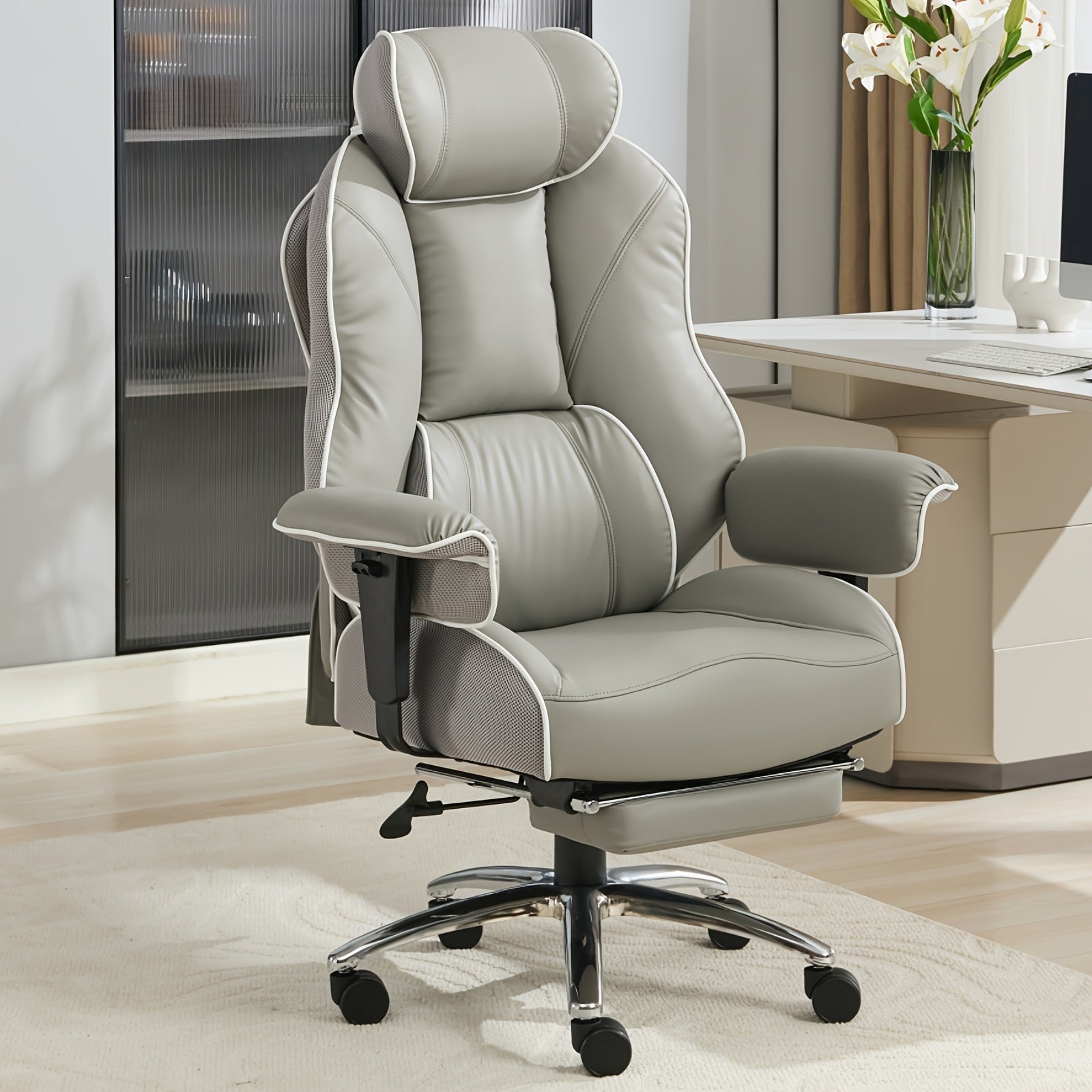 Big And Tall Office Chair With Foot Rest, High Back Executive Office Chair Leather, Ergonomic Chairs With Lumbar Support, 135° Reclining Chairs With Thickened Spring Cushion