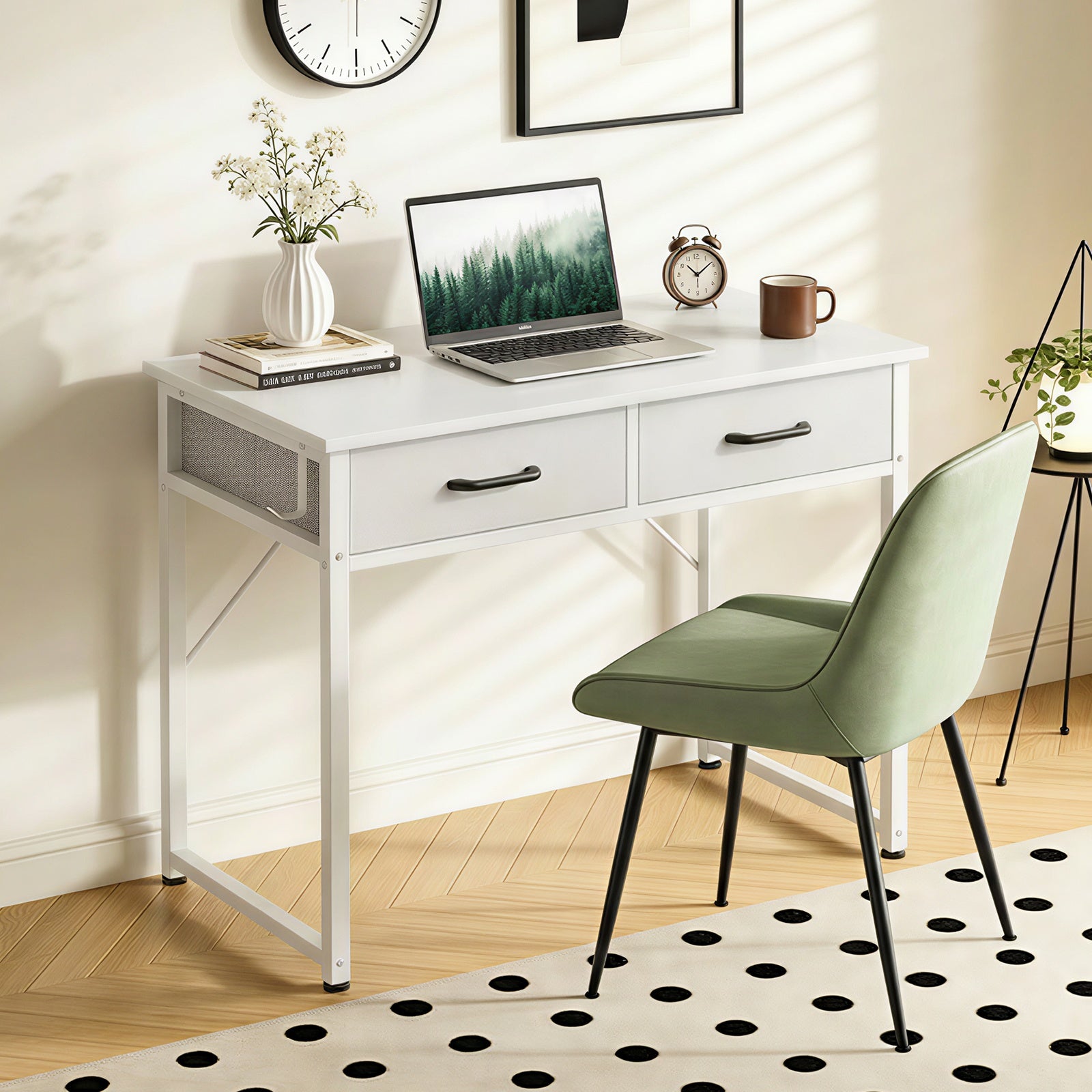 Small Computer Desk & Vanity Table with 2 Drawers & Headphone Hook - Compact Writing Desk for Home Office, Study Or Work, Modern Space-Saving Design for Small Spaces